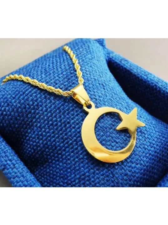 Altın Rengi Ayyıldız Bayrak Erkek Çelik Kolye Zincir