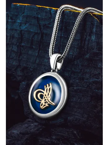925 Ayar Gümüş Mavi Osmanlı Tuğrası İşlemeli Yuvarlak Kolye Tilki Kuyruğu Zincirli