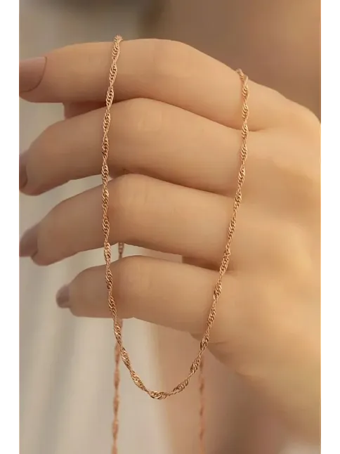 Kadın Gümüş Kolye - 925 Ayar 2mm Singapur Zincir Model Gümüş - Altın - Rose