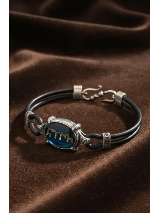 Türk Yazılı Erkek Deri Gümüş Bileklik Lacivert Mavi Mineli Otantik Model