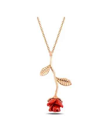 Kadın Gümüş Kolye - Rose Renkli İki Yapraklı Gül Kadın Gümüş Kolye