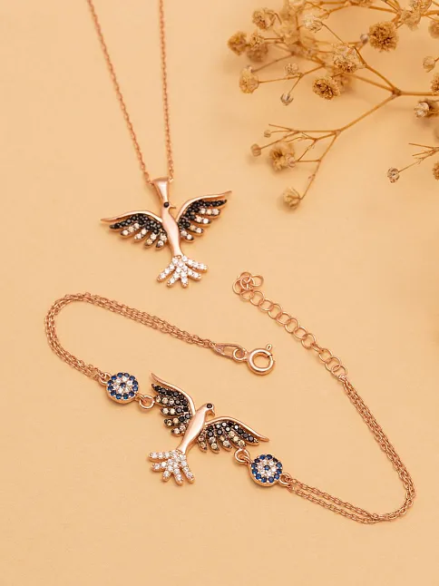 Kadın Gümüş Set - Rose Zümrüdü Anka Kuşu Kolye Bileklik Gümüş Set