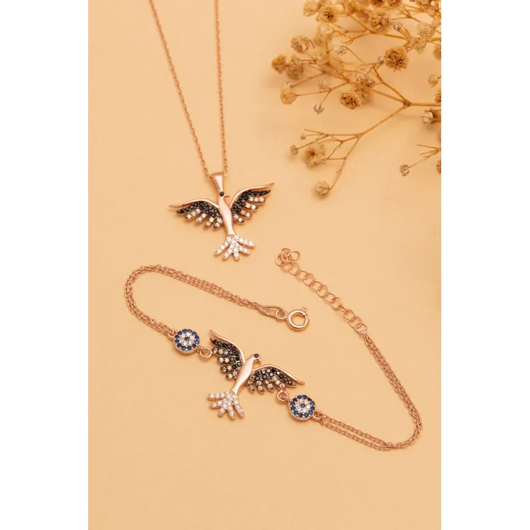 Kadın Gümüş Set - Rose Zümrüdü Anka Kuşu Kolye Bileklik Gümüş Set