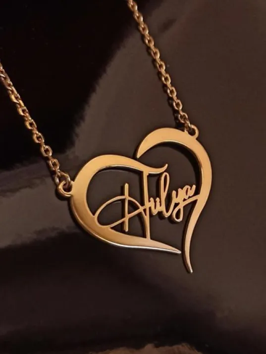Kişiye Özel Kalp İçinde İmza İsim Yazılan Altın Renk Bayan Gümüş Kolye Zincir GKLALTISIMY