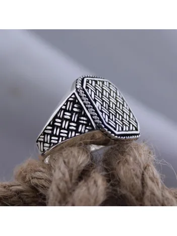 Gümüş Renk Örme Desen İşlemeli Özel Seri Erkek Gümüş Yüzük