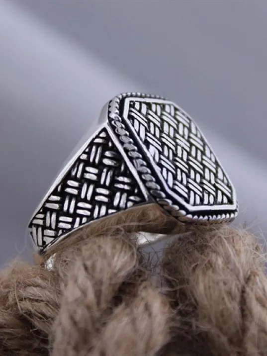 Gümüş Renk Örme Desen İşlemeli Özel Seri Erkek Gümüş Yüzük