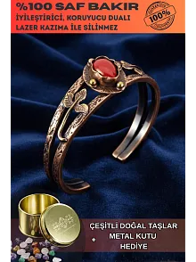 Kadın Bakır Bileklik - Kırmızı Akik Taşlı Damla Model Kadın Bilezik Metal Kutu ve Doğal Taşlar