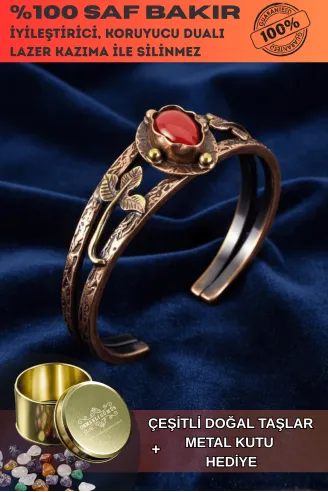 Kadın Bakır Bileklik - Kırmızı Akik Taşlı Damla Model Kadın Bilezik Metal Kutu ve Doğal Taşlar
