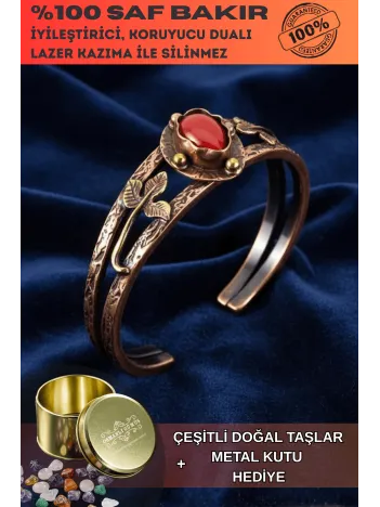 Kadın Bakır Bileklik - Kırmızı Akik Taşlı Damla Model Kadın Bilezik Metal Kutu ve Doğal Taşlar