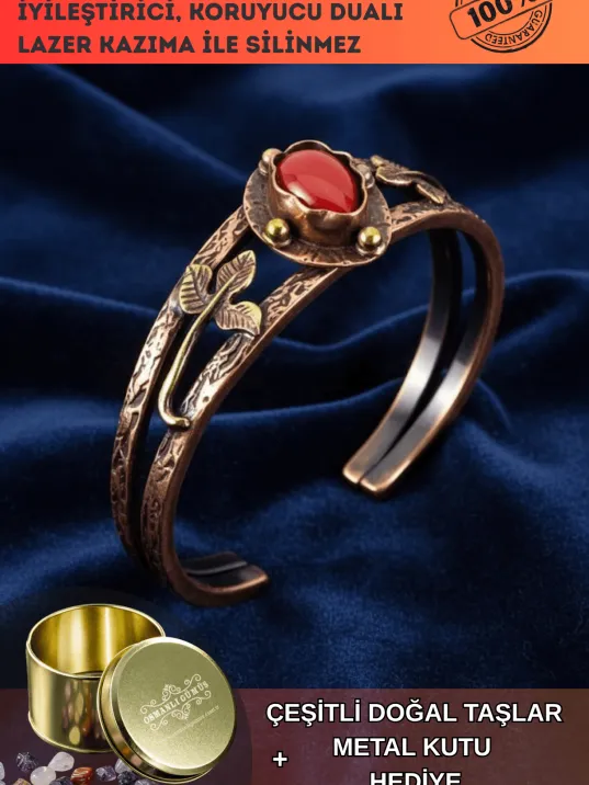 Kadın Bakır Bileklik - Kırmızı Akik Taşlı Damla Model Kadın Bilezik Metal Kutu ve Doğal Taşlar Kadın Bakır Bileklik - Kırmızı Akik Taşlı Damla Model Kadın Bilezik Metal Kutu ve Doğal Taşlar