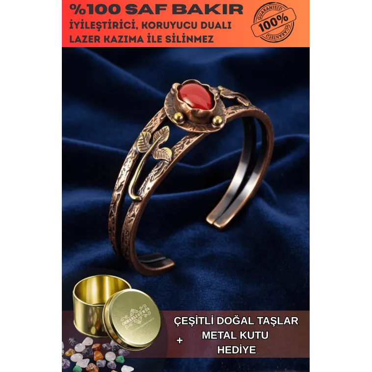 Kadın Bakır Bileklik - Kırmızı Akik Taşlı Damla Model Kadın Bilezik Metal Kutu ve Doğal Taşlar Kadın Bakır Bileklik - Kırmızı Akik Taşlı Damla Model Kadın Bilezik Metal Kutu ve Doğal Taşlar