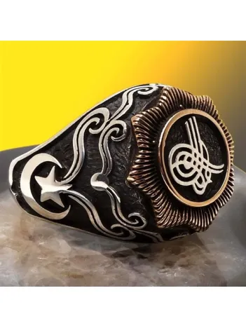 Tuğralı Ay Yıldız İşlemeli Gümüş Erkek Yüzük