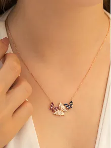 Kadın Gümüş Kolye -  Kelebekli Rose Bayan Gümüş Kolye Orta Boy