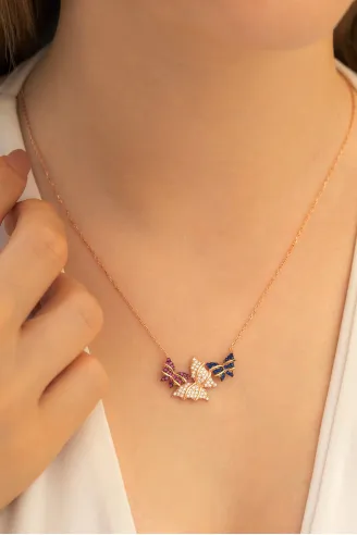 Kadın Gümüş Kolye -  Kelebekli Rose Bayan Gümüş Kolye Orta Boy