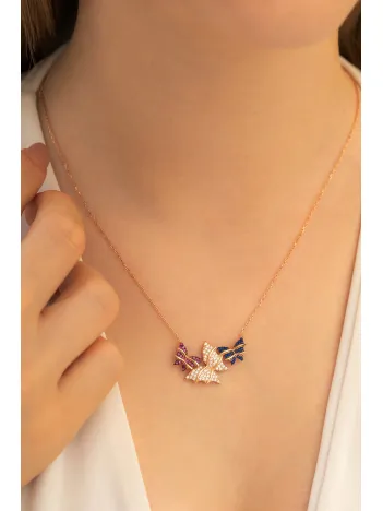 Kadın Gümüş Kolye -  Kelebekli Rose Bayan Gümüş Kolye Orta Boy