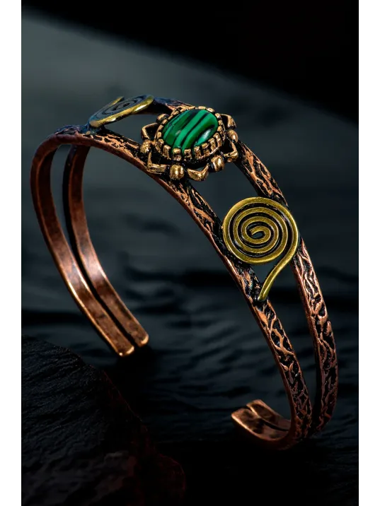 Kadın Bakır Bileklik - Yeşil Malahit (Malakit) Doğal Taşlı Otantik Model El İşçiliği Tasarım Bilezik