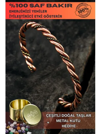 Saf Bakır Bileklik Burgulu Model Metal Kutu Doğal Taşlar Kadın Erkek Kelepçe