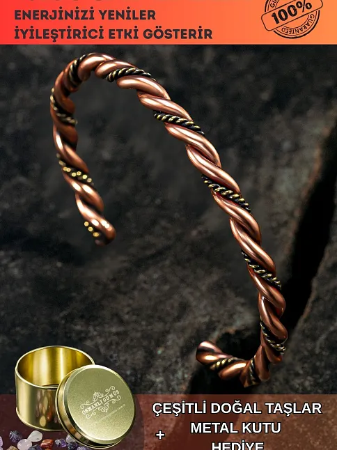 Saf Bakır Bileklik Burgulu Model Metal Kutu Doğal Taşlar Kadın Erkek Kelepçe