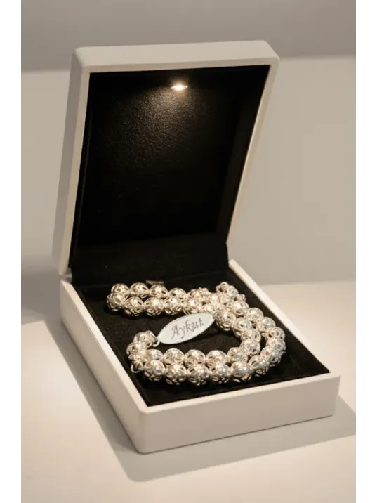 Erkek Gümüş Tespih -Çift Taraflı İsim Yazılabilir Delikli Parlak Küre Kesim Tesbih Bilek Boy