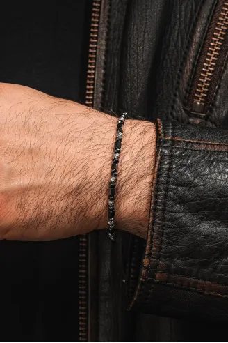 Siyah Hematit Taşlı Gümüş Detaylı Ayarlanabilir Erkek İp Bileklik - Model 8