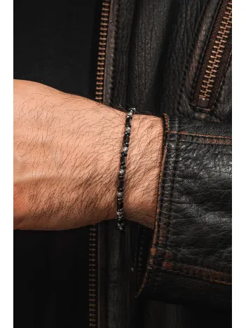 Siyah Hematit Taşlı Gümüş Detaylı Ayarlanabilir Erkek İp Bileklik - Model 8