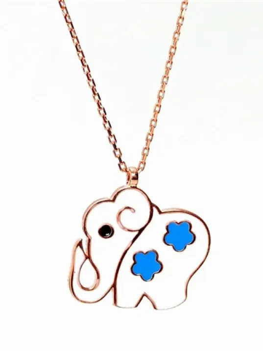Fil Figürlü Rose Renk Bayan Gümüş Kolye