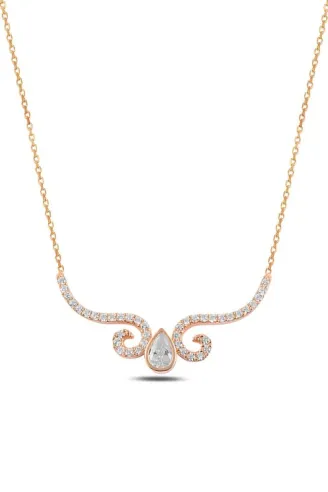 Zirkon Taşlı Rose Damla Model Kadın Gümüş Kolye GKLDMLM3DEL-ROS