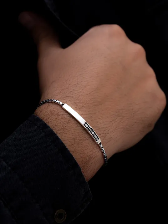 Erkek Gümüş Bileklik - Siyah Zirkon Taşlı Blok Model Gümüş Bileklik