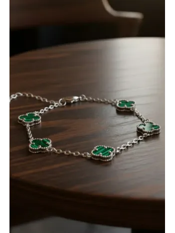 Kadın 925 Ayar Gümüş Yeşil Malahit Taşlı Yonca Model Zincir Bileklik