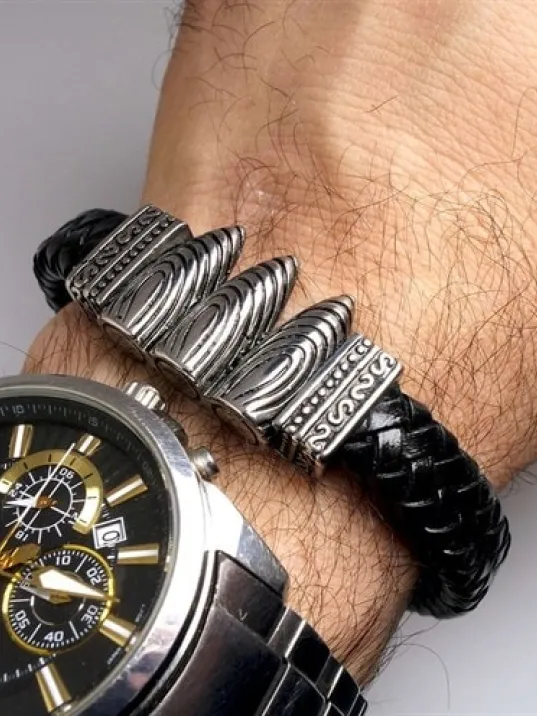 Ottoman Mermi Kurşun Deri Çelik Erkek Bileklik