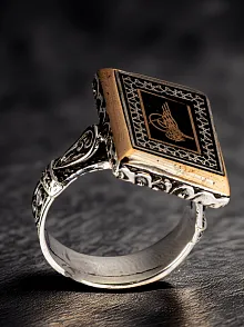 Erkek Osmanlı Tuğrası İşlemeli Dikdörtgen Model 925 Ayar Gümüş Yüzük