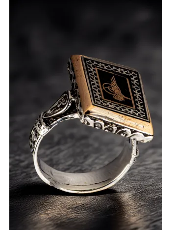 Erkek Osmanlı Tuğrası İşlemeli Dikdörtgen Model 925 Ayar Gümüş Yüzük