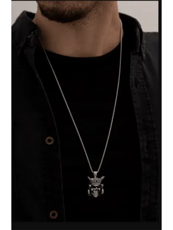 Erkek Kolye - Iskelet Korsan Figürlü Zirkon Taşlı Erkek Çelik Kolye - 316 L Paslanmaz Çelik