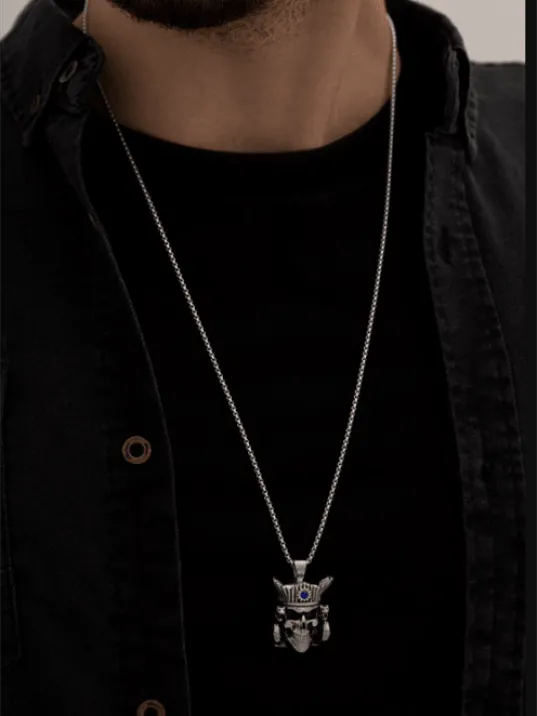 Erkek Kolye - Iskelet Korsan Figürlü Zirkon Taşlı Erkek Çelik Kolye - 316 L Paslanmaz Çelik