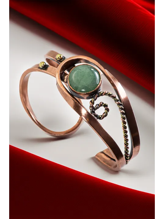 Kadın Bakır Bileklik - Aventurin Taşı Burgu Model Kadın Bilezik Metal Kutu ve Doğal Taşlar