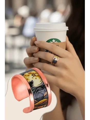 Kadın Bakır Yüzük - Space Model Özel Baskı Metal Kutu Ve Kuvars Taşı