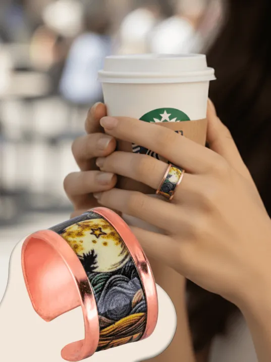 Kadın Bakır Yüzük - Space Model Özel Baskı Metal Kutu Ve Kuvars Taşı