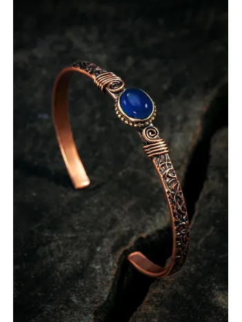 Bakır Kelepçe Bilezik Lacivert Lapis Doğal Taşlı Erkek Kadın Doğal Taşlar ve Metal Kutulu