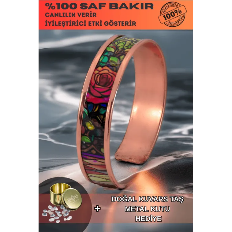 Kadın Bakır Bileklik - Roselaw Model Özel Baskı Metal Kutu Ve Kuvars Taşı Kadın Bakır Bileklik - Roselaw Model Özel Baskı Metal Kutu Ve Kuvars Taşı