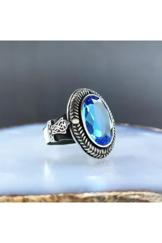 Aquamarine Taşlı Gümüş Erkek Yüzük  GYZGMSWGUMU