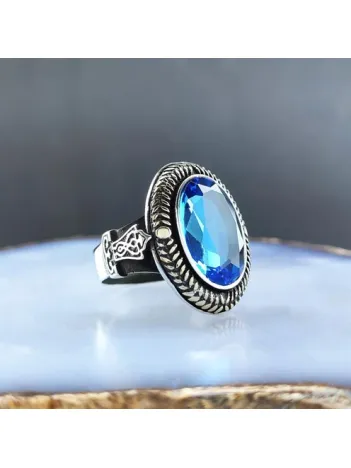 Aquamarine Taşlı Gümüş Erkek Yüzük  GYZGMSWGUMU