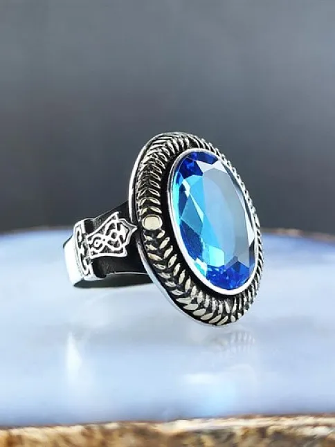 Aquamarine Taşlı Gümüş Erkek Yüzük  GYZGMSWGUMU