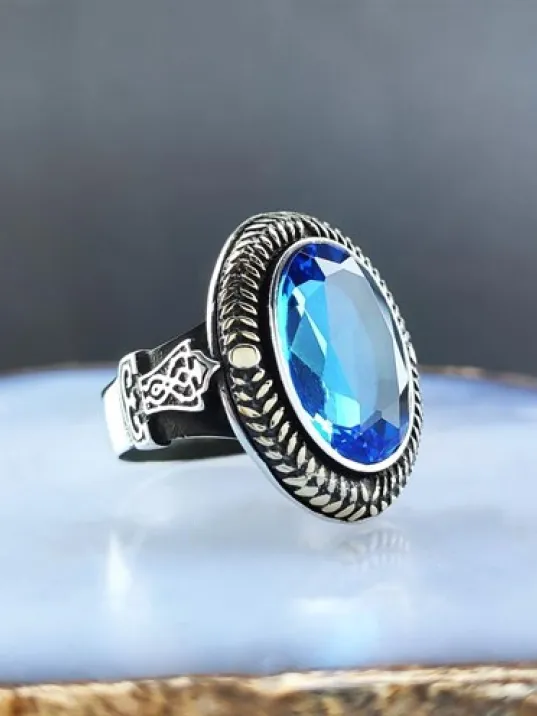 Aquamarine Taşlı Gümüş Erkek Yüzük GYZGMSWGUMU Aquamarine Taşlı Gümüş Erkek Yüzük GYZGMSWGUMU