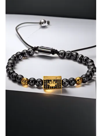 Taç Motifli Siyah Damar Boncuk Erkek Bileklik – Altın Kaplama Ayarlanabilir Makrome