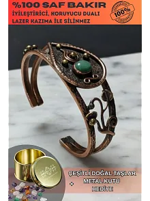Kadın Bakır Bileklik - Yeşil Aventurin Taşlı Damla Model Kadın Bilezik Metal Kutu ve Doğal Taşlar