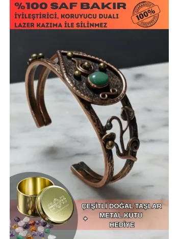 Kadın Bakır Bileklik - Yeşil Aventurin Taşlı Damla Model Kadın Bilezik Metal Kutu ve Doğal Taşlar
