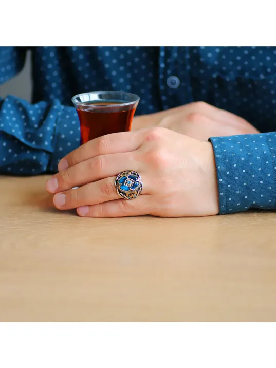 Erkek Gümüş Yüzük - Ay Yıldız İşlemeli Aqua Marin Taşlı 925 Ayar Gümüş Erkek Yüzük