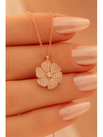 Kadın Gümüş Kolye - Sevgililer Günü - Hediye - Ortası Zirkon Taşlı Çiçek Motifli Kadın Kolye