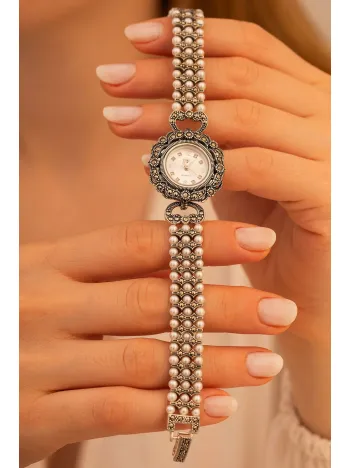 Kadın Gümüş Saat - Gelin Saati - 3 Sıra Inci Kordon 925 Ayar Gümüş Kadın Saat Incili Model - 1