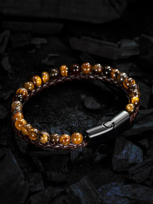 Doğal Taşlı Kaplan Gözü Deri Bileklik DBLTPRKPLNG